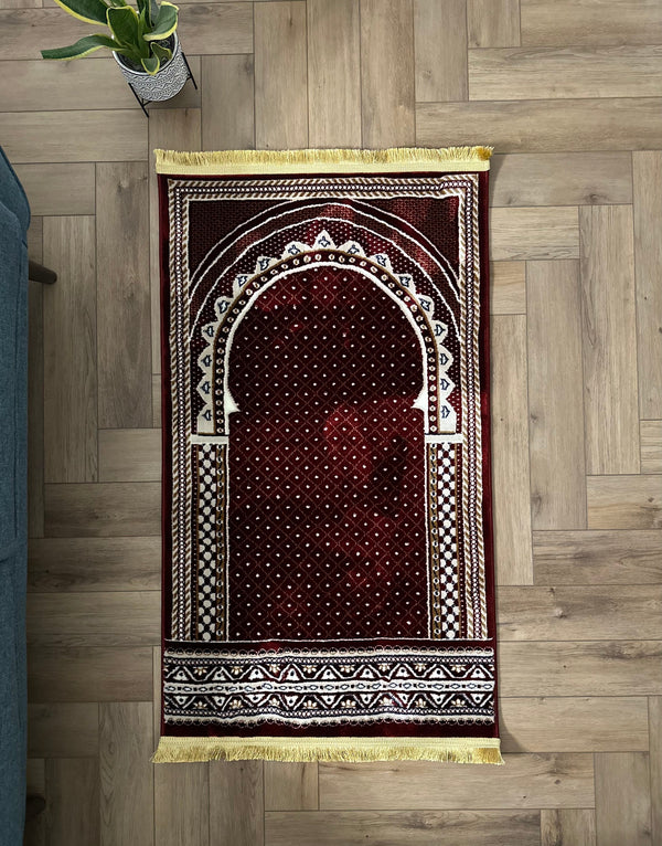 Sacred Repose: Crimson Prayer Mat with Golden Accents