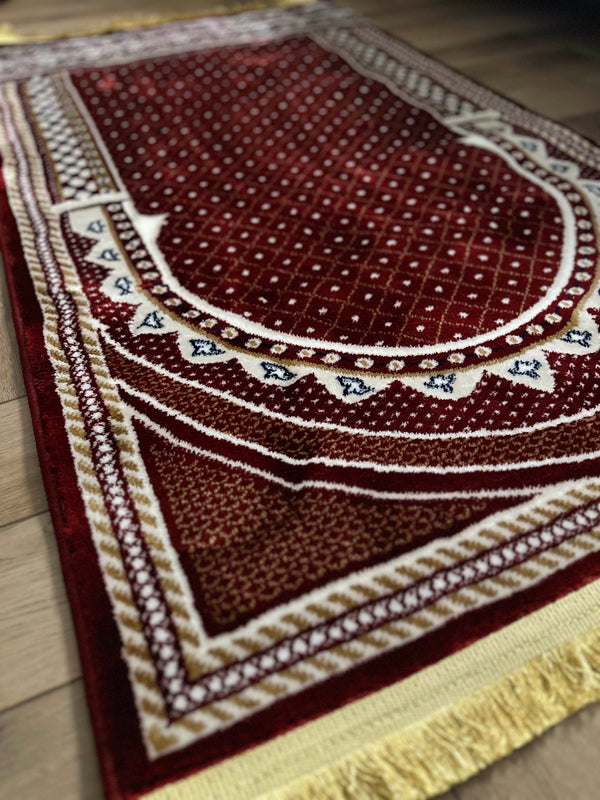 Sacred Repose: Crimson Prayer Mat with Golden Accents